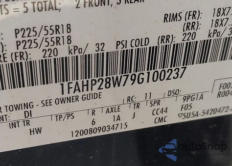 2009 Ford Taurus Limited z USA, uszkodzony, nr VIN 1FAHP28W79G100237